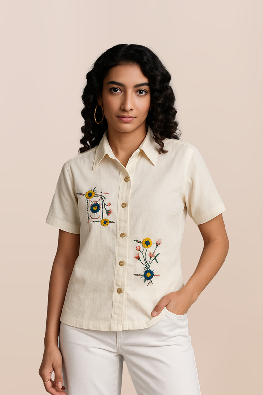 Sunflower Stitch Pointed Collar Top