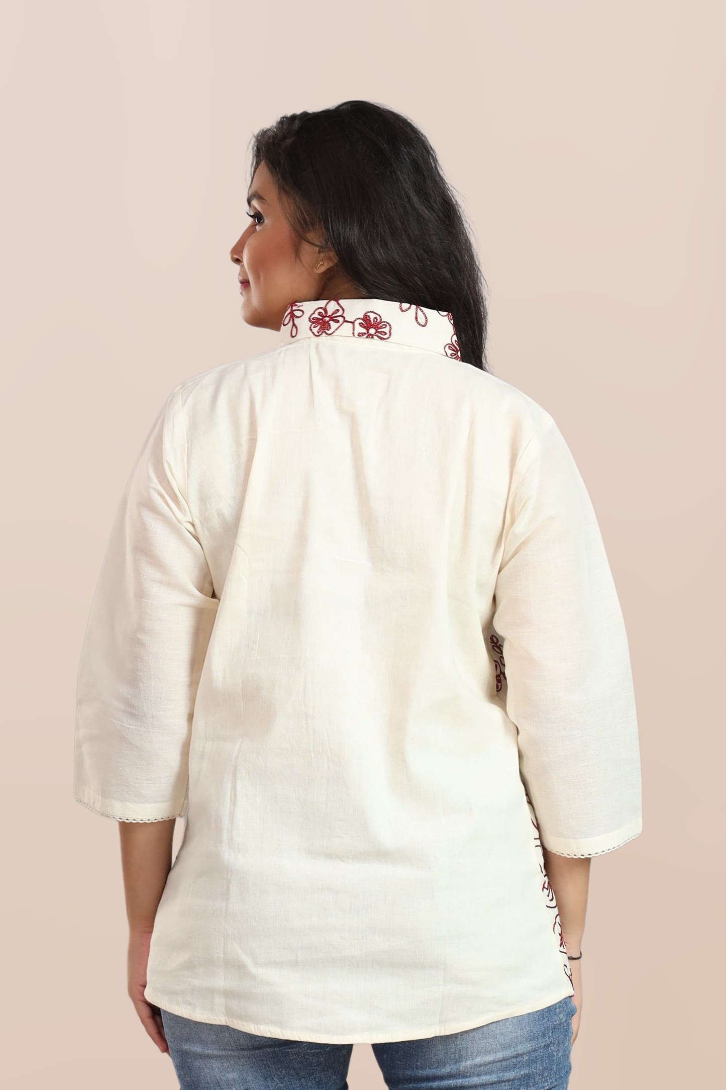 Crimson Bloom Pointed Collar Top