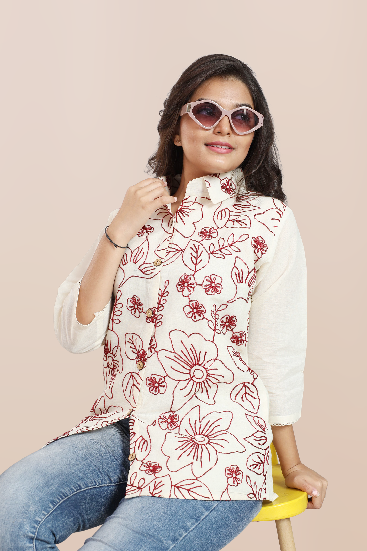 Crimson Bloom Pointed Collar Top