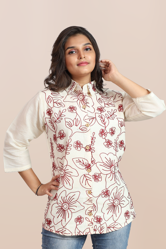 Crimson Bloom Pointed Collar Top