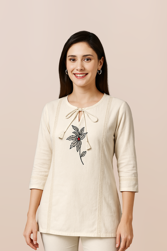 Leaf Whisper Embroidered Tie-Neck Top