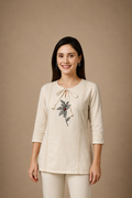 Leaf Whisper Embroidered Tie-Neck Top