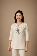 Leaf Whisper Embroidered Tie-Neck Top