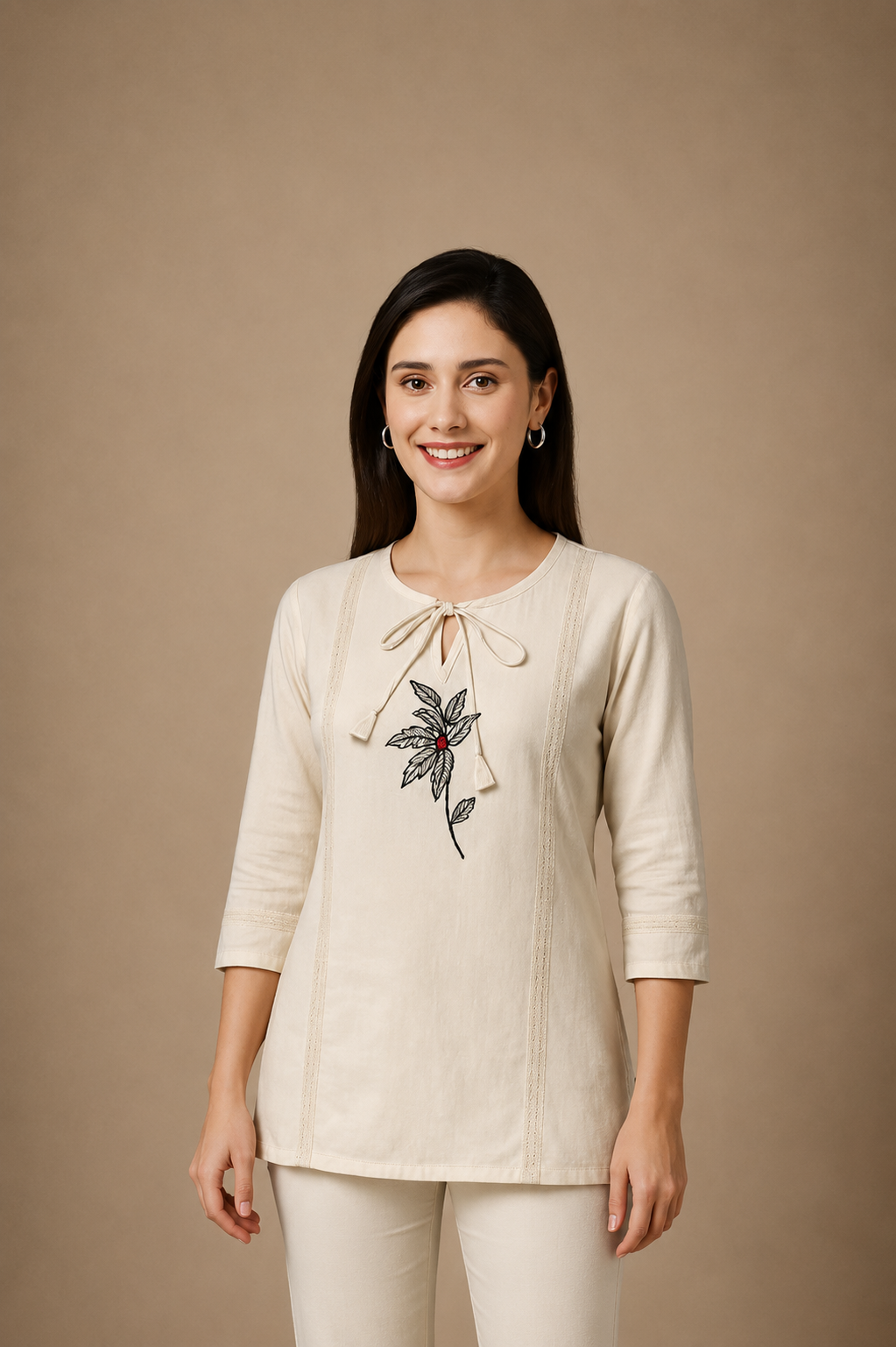 Leaf Whisper Embroidered Tie-Neck Top