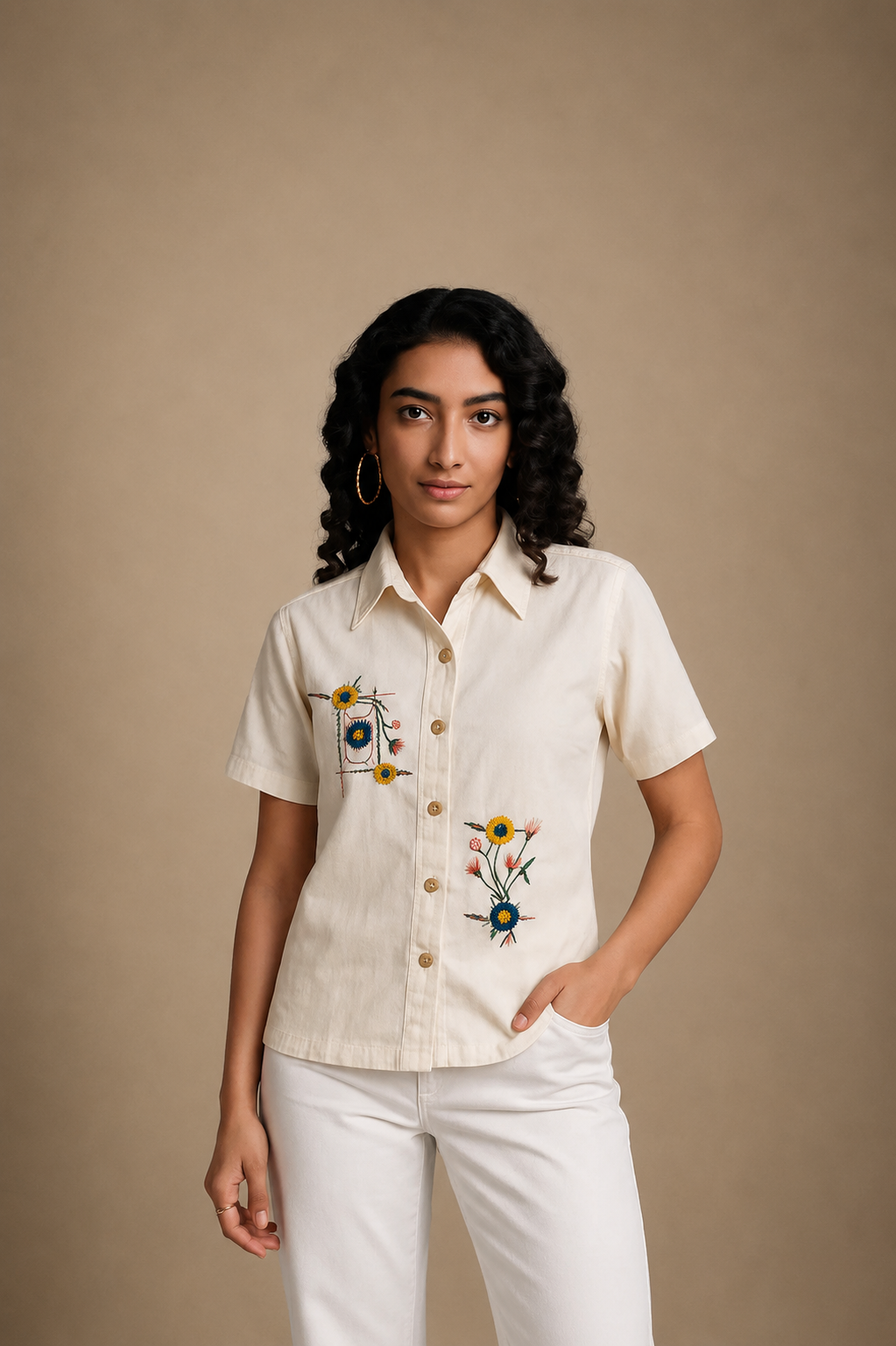 Sunflower Stitch Pointed Collar Top
