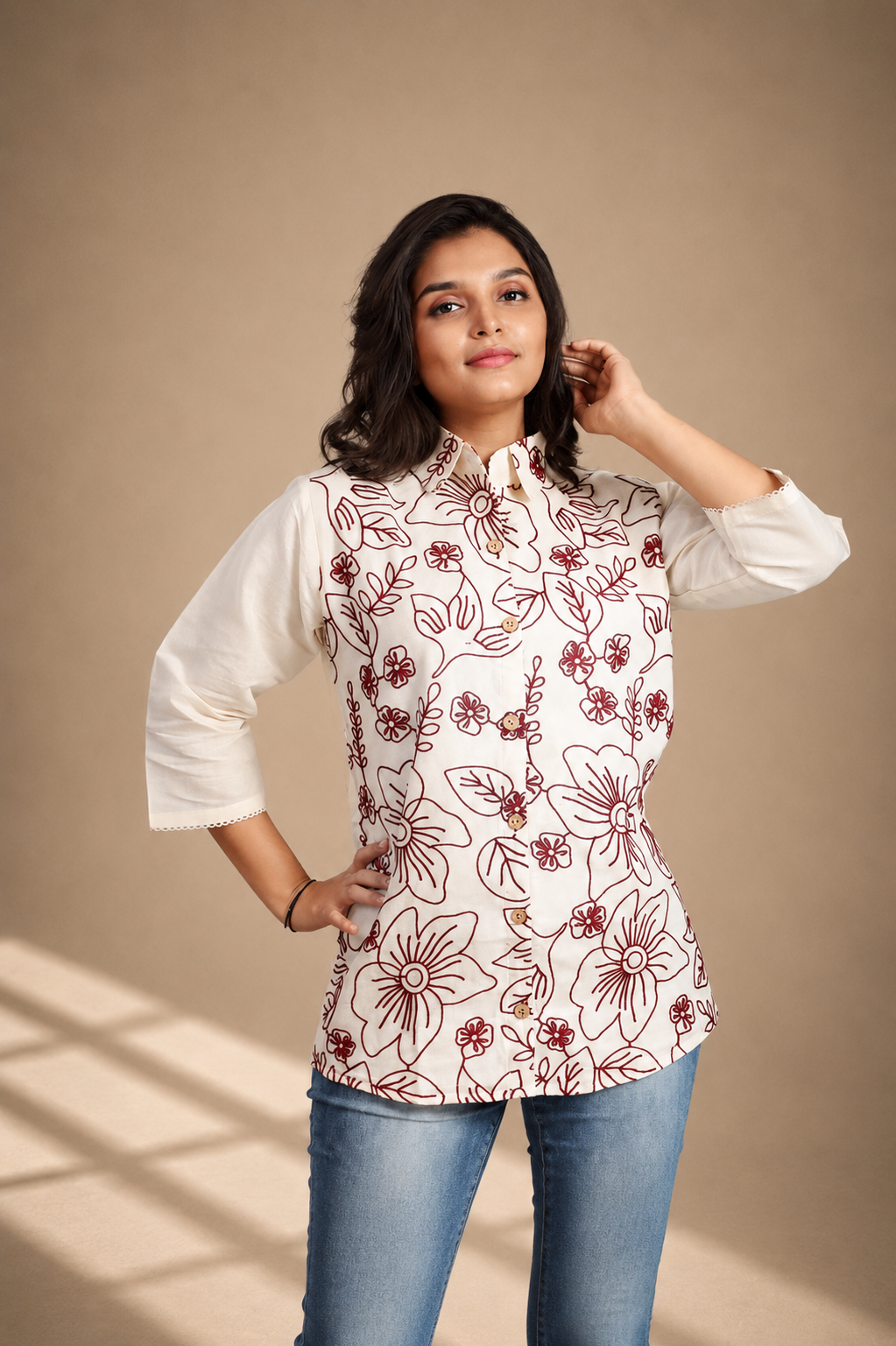 Crimson Bloom Pointed Collar Top