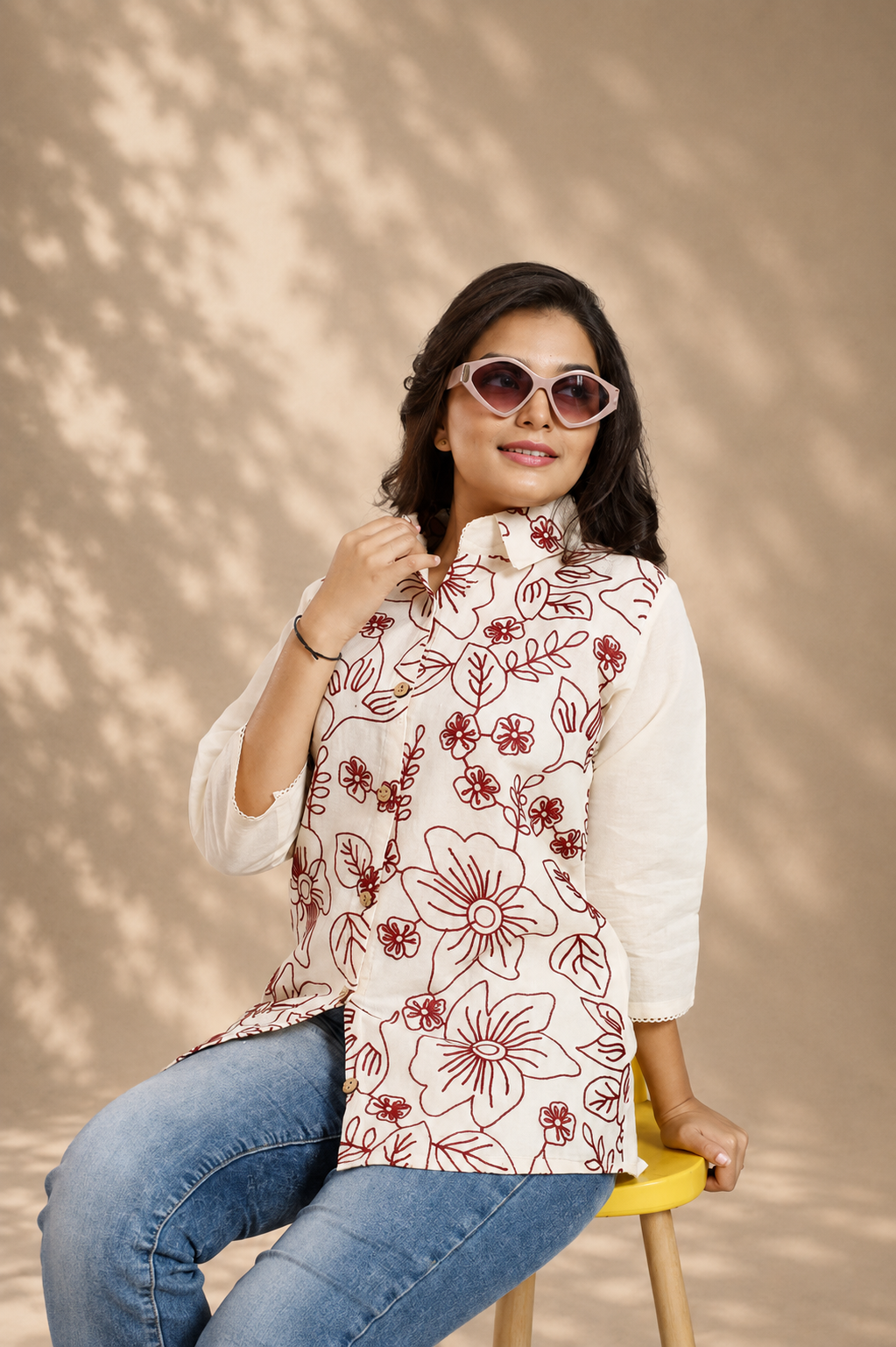 Crimson Bloom Pointed Collar Top