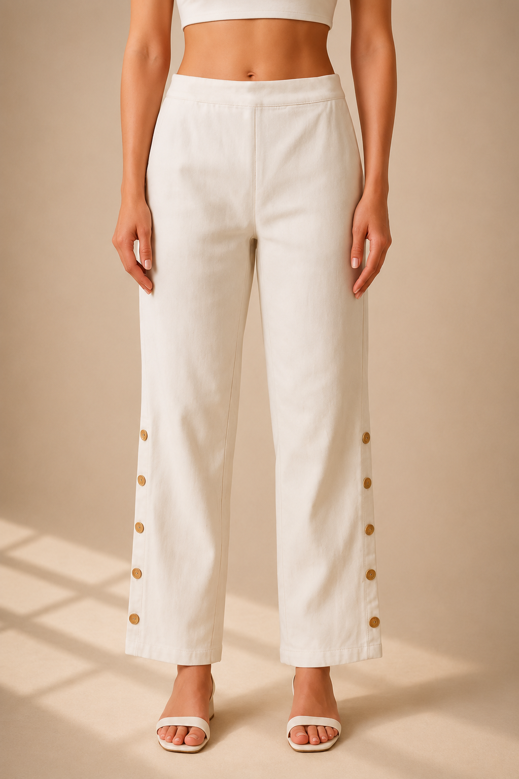 Side-Slit Buttoned Cotton Pants