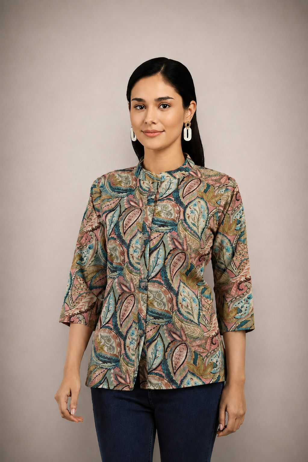 Paisley leaf print Pointed Collar Top