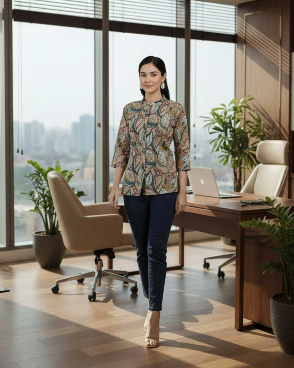 Paisley leaf print Pointed Collar Top