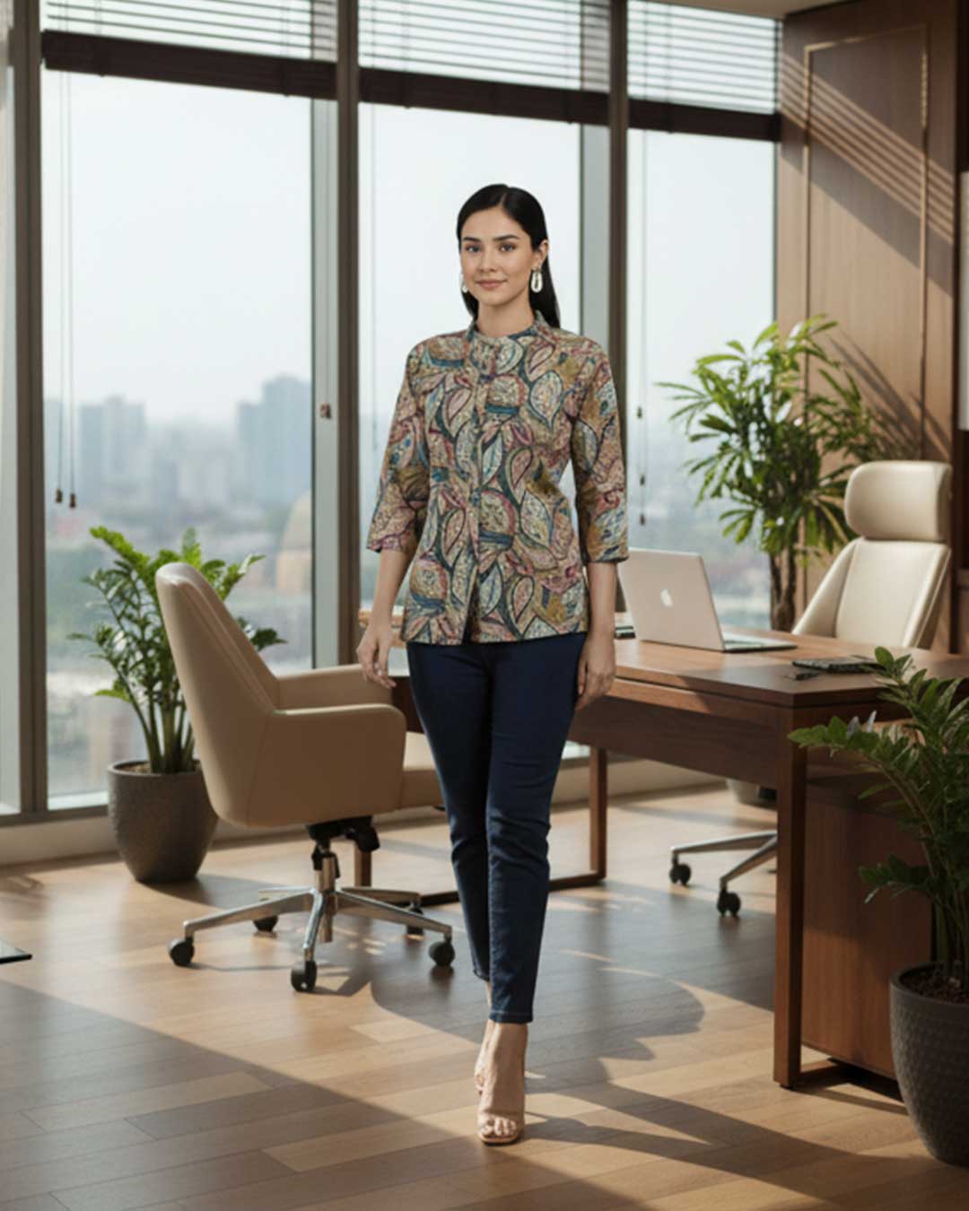 Paisley leaf print Pointed Collar Top