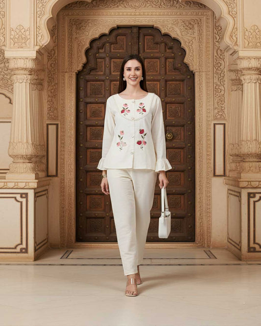 Ivory Edit Embroidered Top & Bottom