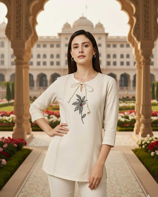 Leaf Whisper Embroidered Tie-Neck Top